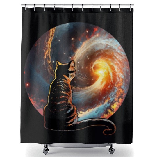 Cat Staring at a Galaxy Cat Dad Cat Lover Shower Curtains