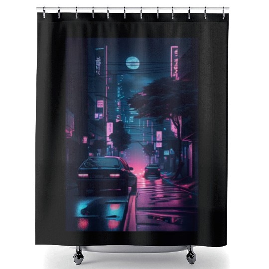 Tokyo Japan Japanese Aesthetic Graphic Night Scene Shower Curtains