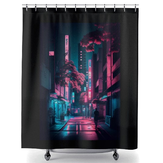 Tokyo Japan Japanese Aesthetic Graphic Night Scene Shower Curtains