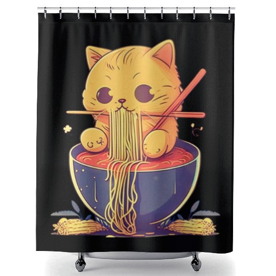 Cute Cat Eating Ramen Noodle Japanese Culture Shower Curtains