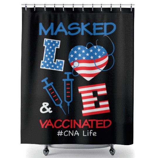 Masked LOVE Vaccinated USA Flag 4th of July Gifts Shower Curtains
