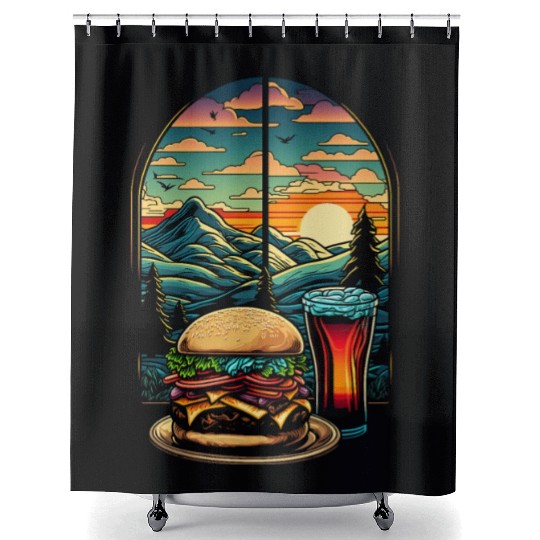 Church window with hamburger burger and drink Shower Curtains