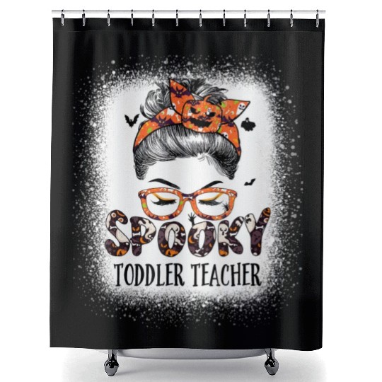 Messy Bun Spooky Toddler Teacher Bleached Shower Curtains