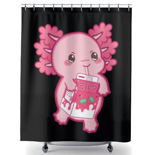 Kawaii Axolotl Strawberry Milk Teen Girl Kids Japa Shower Curtains