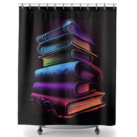 Synthwave Book Stacks Design - Retro Vibes Shower Curtains