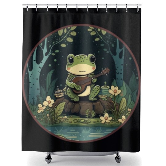 Kawaii Frog Guitar Cottagecore Aesthetic Shower Curtains