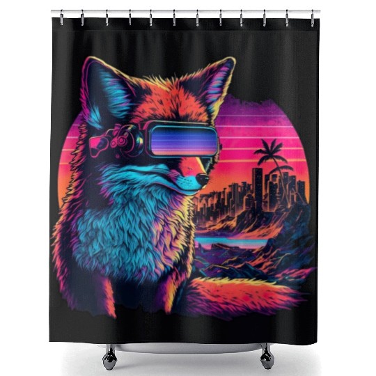 Retro Futuristic Synthwave Fox Shower Curtains