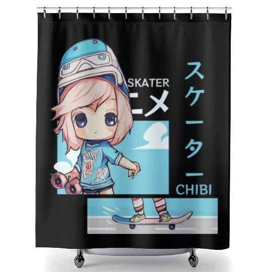 Kawaii Chibi Skater Skateboard Japanese Aesthetic Shower Curtains