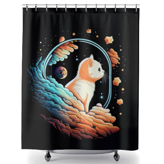 Astronaut Cat Space Cat on Galaxy Cat Lover Shower Curtains