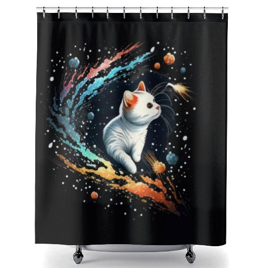 Astronaut Cat or Space Cat on Galaxy Cat Lover Shower Curtains