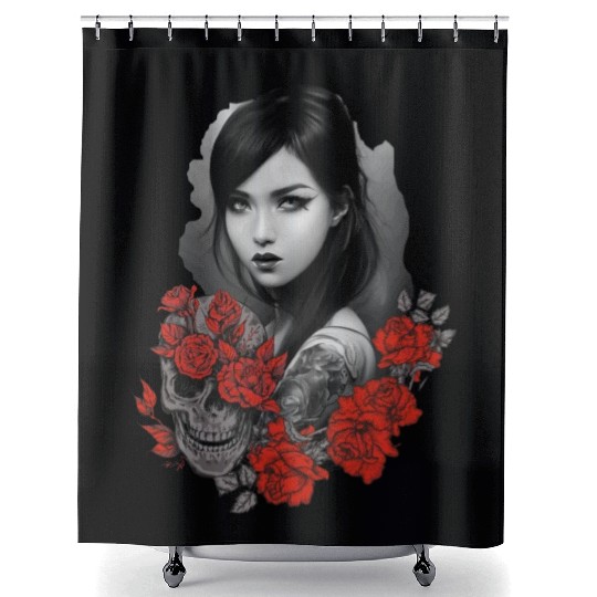 Gothic Biker Girl Rose Flower Skull Tattoo Goth Wo Shower Curtains