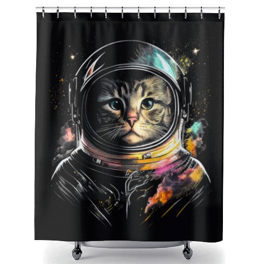 Space Cat on Galaxy Cat Lover Shower Curtains