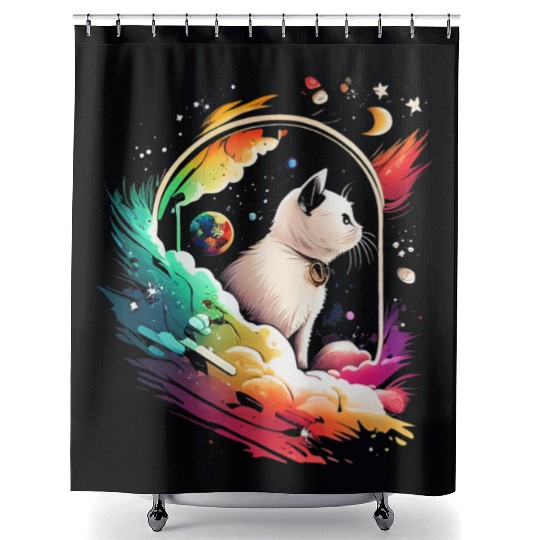 Space Cat on Galaxy Cat Lover Shower Curtains