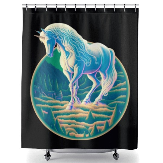 Unicorn in Mountain Landscape Shower Curtains