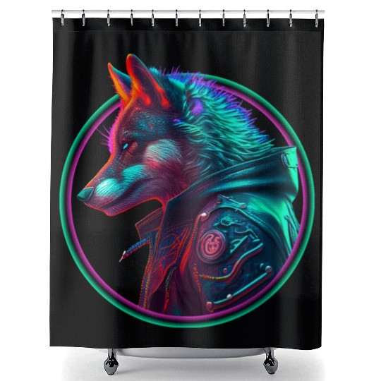 Neon punk wolf in leather jacket Shower Curtains