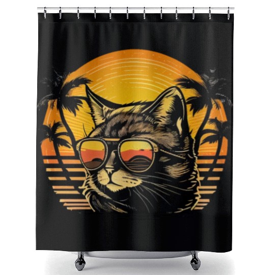 Retro Cat Vintage Sunset 80s 90s Sunglasses Party Shower Curtains