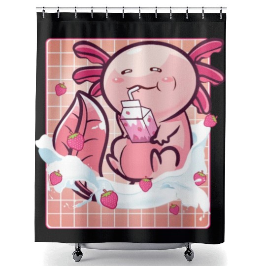 Kawaii Axolotl Strawberry Milk Shake Funny Sushi Shower Curtains