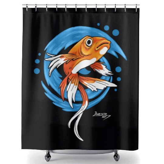 Carp Koi Fish on Blue waves green Shower Curtains