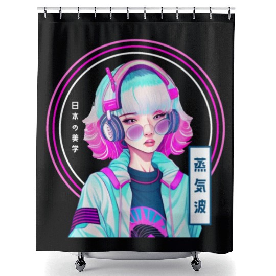 Japanese Vaporwave Gamer Girl Synthwave Aesthetic Shower Curtains