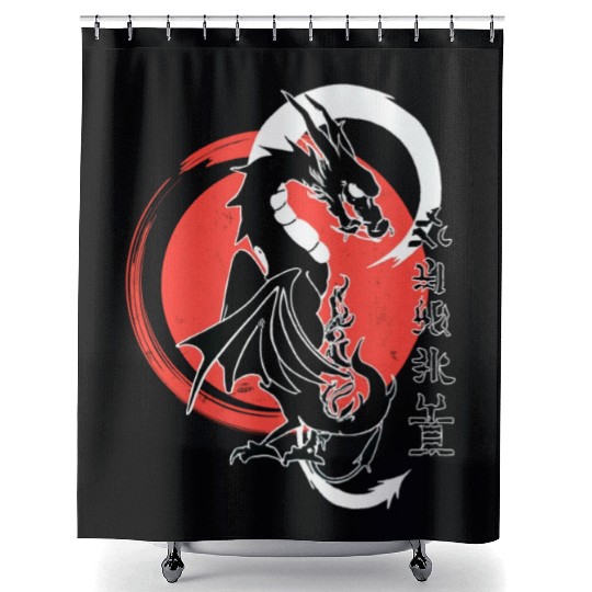 Black dragon, red moon Shower Curtains
