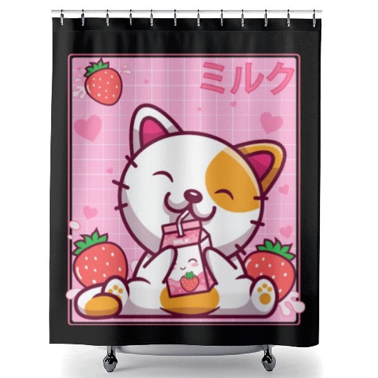 Kawaii Kitten Cute Cat Strawberry Milk Shake Shower Curtains