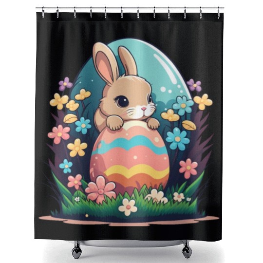 Easter magic: cheerful bunny next to colorful eggs Shower Curtains
