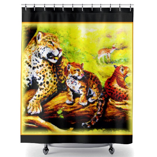 Jaguar Mom and Cubs Relaxing in Jungle. Buy Now Shower Curtains