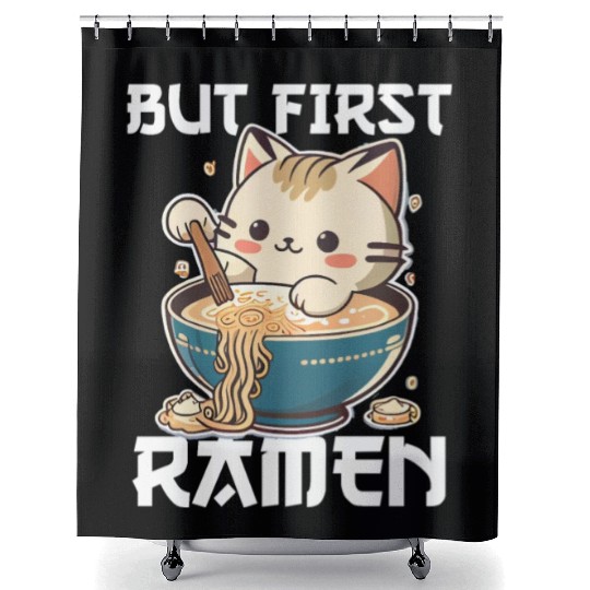 But First Ramen Cat Japanese Tokyo Ramen Noodles Shower Curtains