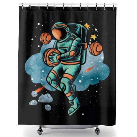 Blue and Orange Illustrated Astronaut Galaxy Shower Curtains