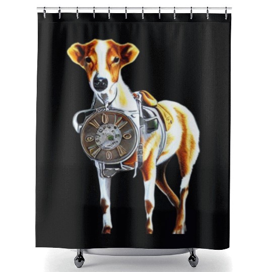 Brown White Greyhound Dog With Old Looking Clock Shower Curtains