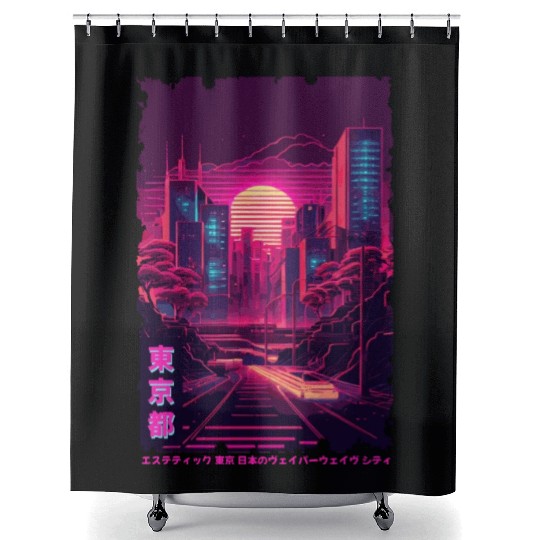 Vaporwave City Night Scene Tokyo Japanese Aestheti Shower Curtains