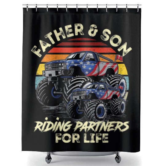 Father and Son Riding Monster Truck For Life Raci Shower Curtains