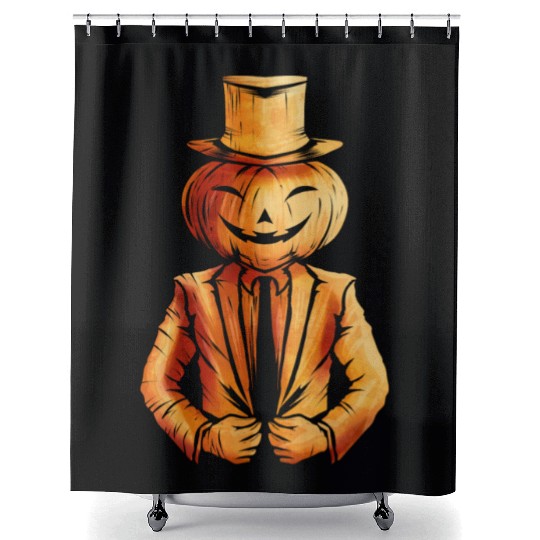 Realistic Jack O Lantern Pumpkin Man In Suit Shower Curtains