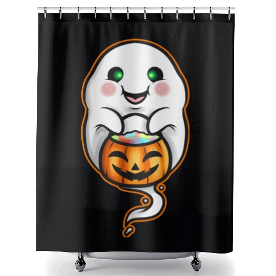 Kawaii Ghost Holding Pumpkin Trick Or Treat Bag Shower Curtains
