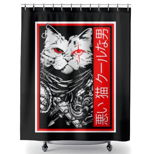 Samurai Cat: "Bad Cat, Cool Dude" with Japanese Te Shower Curtains