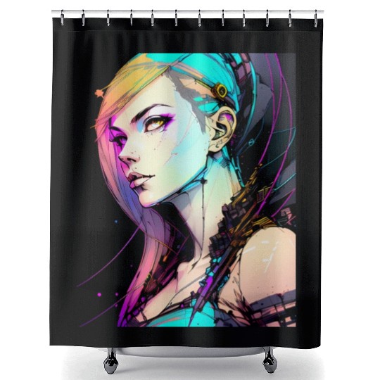 Neon Dreams A Cyberpunk Girl with Orange Teal Hair Shower Curtains