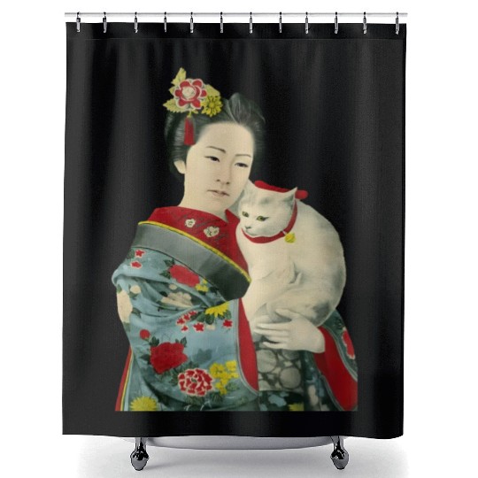 Geisha Cat Kimono Japanese Vintage Art Shower Curtains