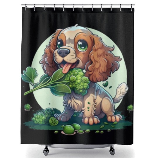 Cute dog eats green broccoli vegetables Shower Curtains