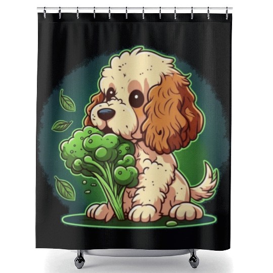 Cute dog eats green broccoli vegetables Shower Curtains