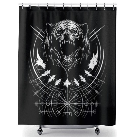 Grizzly bear Vegvisir runes compass Germanic Tribe Shower Curtains
