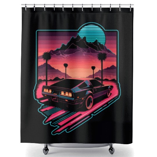 A Warm Cyber Night Ride retro design by gnarly Shower Curtains