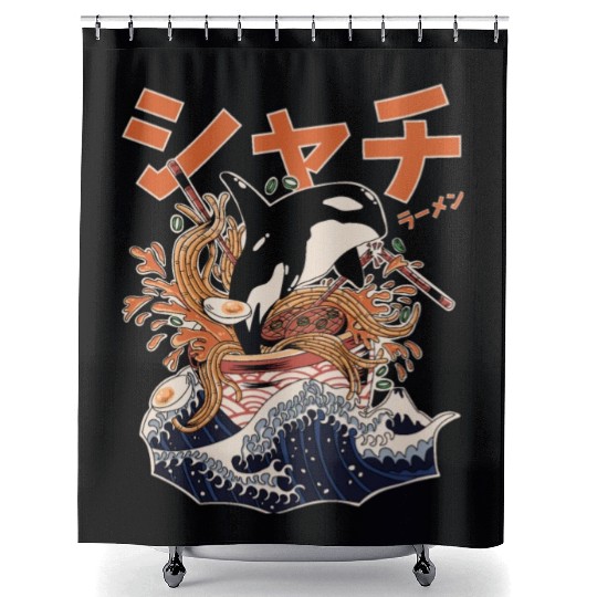 The Great Orca Killer Whale Ramen (Japanese Text) Shower Curtains