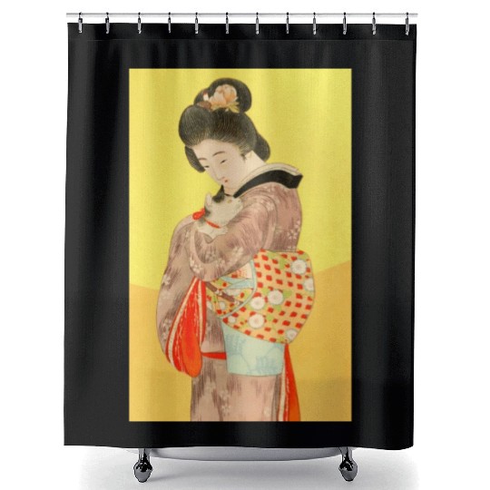 Geisha in Kimono with Cat Retro art Shower Curtains