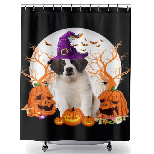 Dog Halloween Saint Bernard Dog Jack O Lantern Shower Curtains