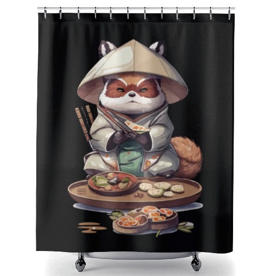 Tanuki Warrior Eat Sushi Shower Curtains