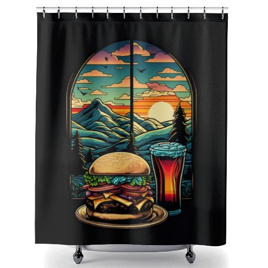 Church window with hamburger burger and drink Shower Curtains