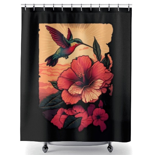Hummingbird flies over hibiscus flower Tropical Shower Curtains