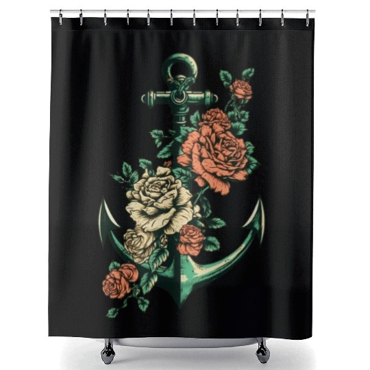 Anchor Roses Tattoo Sailor Nautical Water Ship Shower Curtains