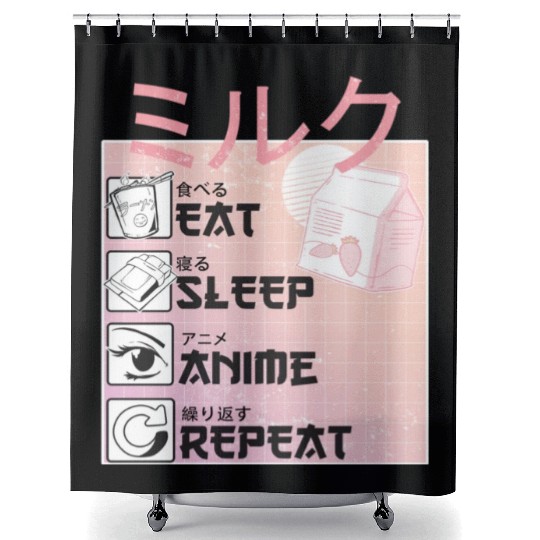 Eat Sleep Anime Repeat Straweberry Milk Japanese Shower Curtains