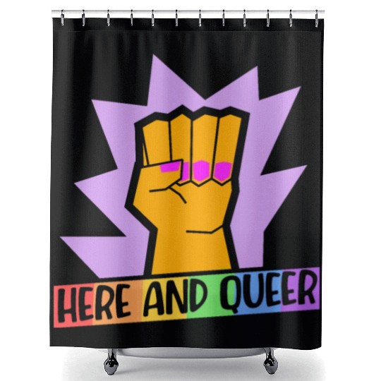 Here And Queer LGBTQ Community Rainbow Pride Month Shower Curtains